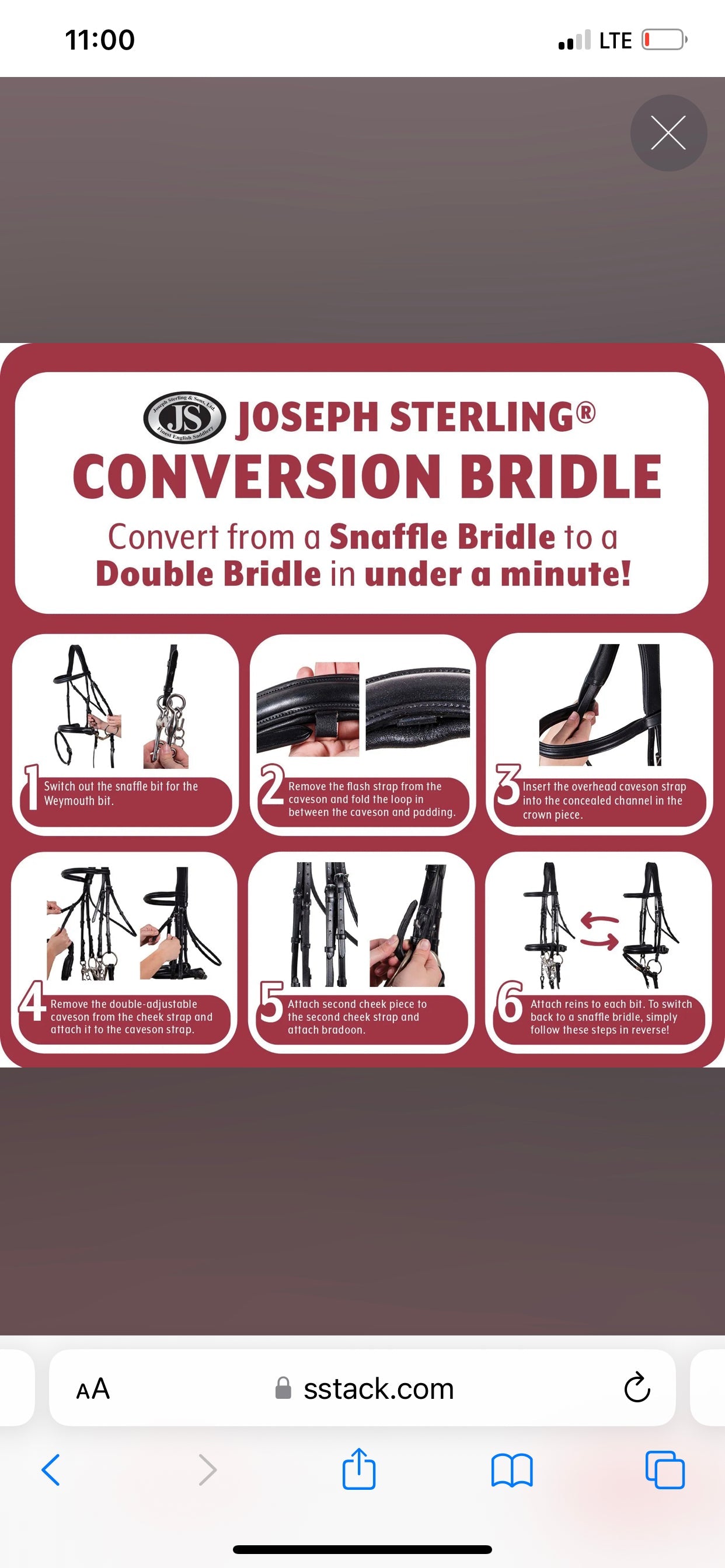 Full size Joseph Sterling Conversion Dressage Bridle with White Patent Leather Accents