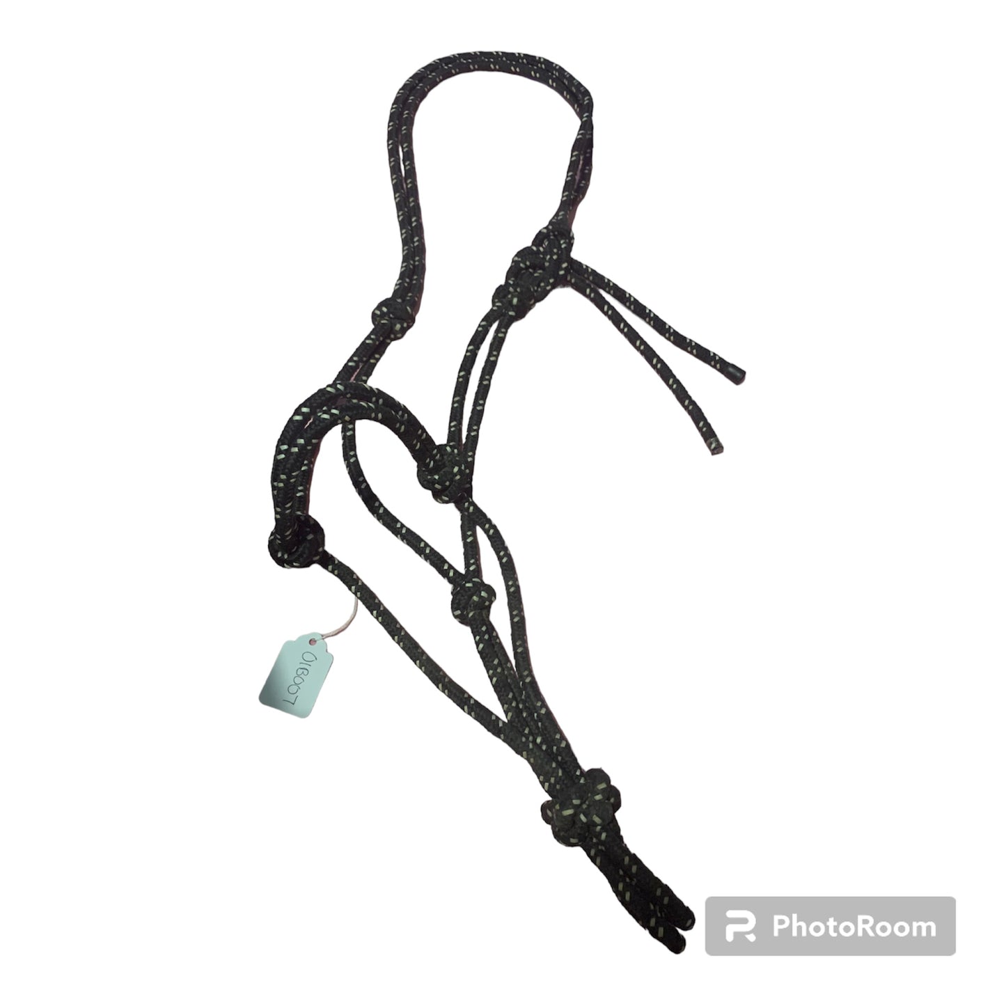 Black rope halter with white accents horse sized